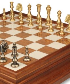 Jeu d'Échecs Oriental - Échiquier en bois et Albâtre de Toscane avec tiroir & Pièces en laiton massif