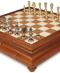 Jeu d'Échecs Oriental - Échiquier en bois et Albâtre de Toscane avec tiroir & Pièces en laiton massif