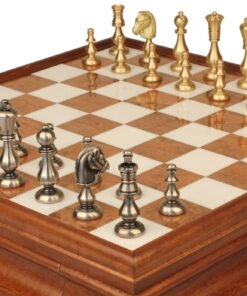 Jeu d'Échecs Oriental - Échiquier en bois et Albâtre de Toscane avec tiroir & Pièces en laiton massif