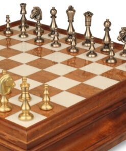 Jeu d'Échecs Oriental - Échiquier en bois et Albâtre de Toscane avec tiroir & Pièces en laiton massif