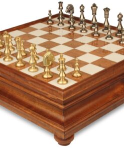 Jeu d'Échecs Oriental - Échiquier en bois et Albâtre de Toscane avec tiroir & Pièces en laiton massif